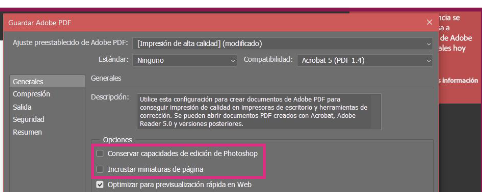 Ventana Guardar Adobe PDF de Photoshop con las dos casillas a desmarcar resaltadas