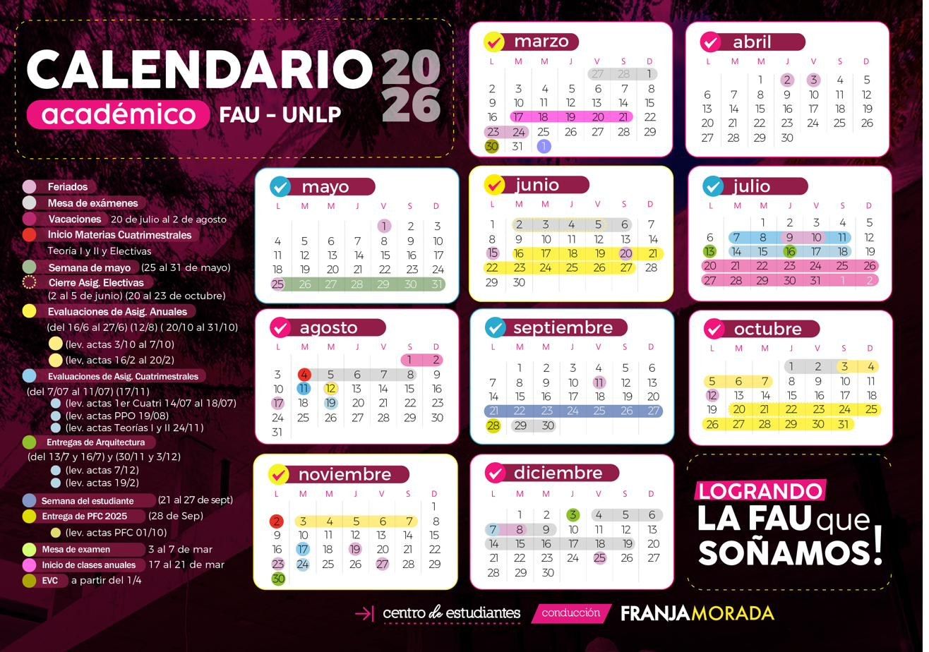 Calendario académico 2026 FAU UNLP armado por el Centro de Estudiantes: feriados, mesas de examen, vacaciones, evaluaciones, entregas y cierres de actas mes por mes.