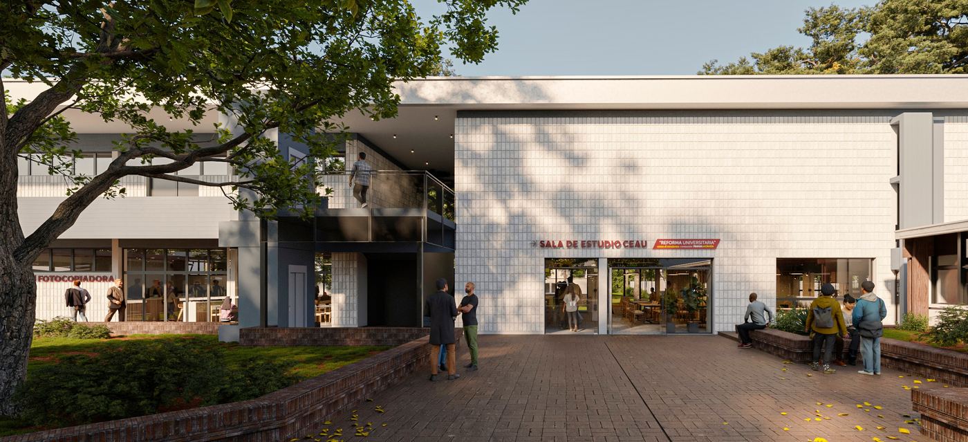 Render de la Sala de Estudio CEAU: Una nueva cara hacia calle 48, conectada con la facultad