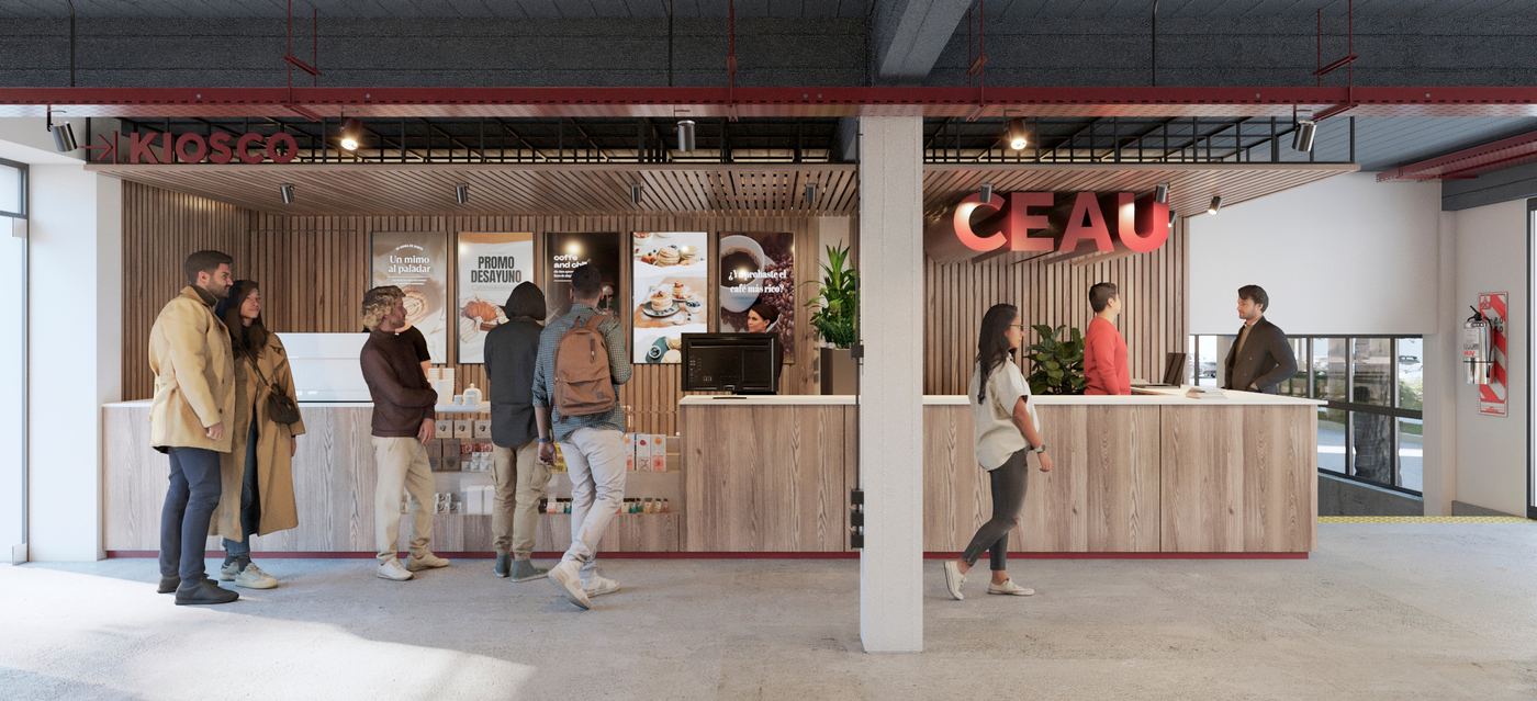 Render de la Sala de Estudio CEAU: Kiosco y espacio de atención del CEAU
