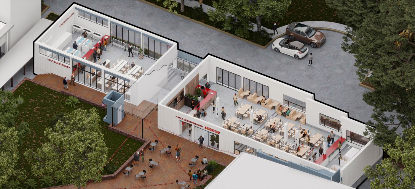 Render de la Sala de Estudio CEAU: Todo el Centro en un lugar compacto: atención, fotocopiadora, kiosco y librería