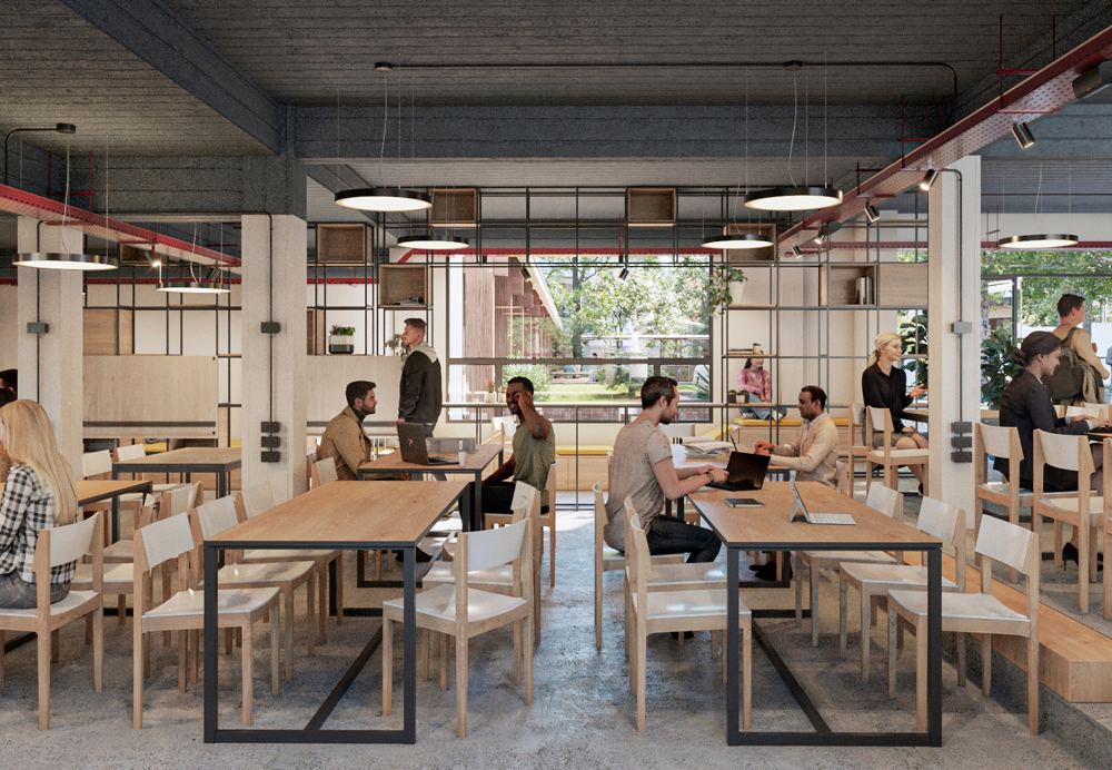 Render de la futura Sala de Estudio CEAU, con mesas largas y estudiantes trabajando