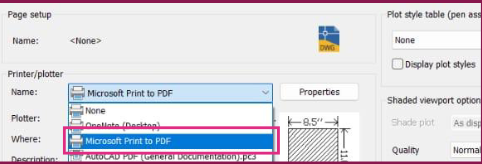 Ventana de impresión de AutoCAD con Microsoft Print to PDF seleccionado como impresora